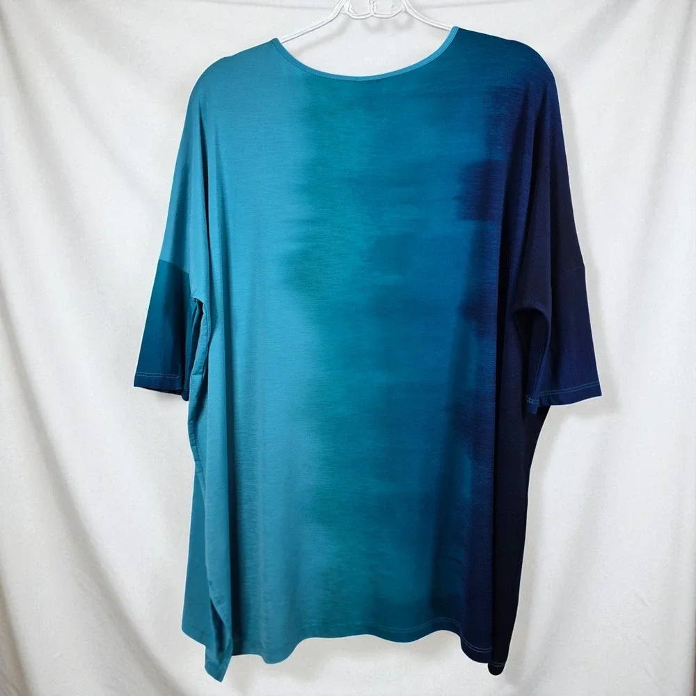 Clara Sun Woo Button Sleeve Ombre Top Tunic Blouse‎ Teal Blue Woman Small Artsy